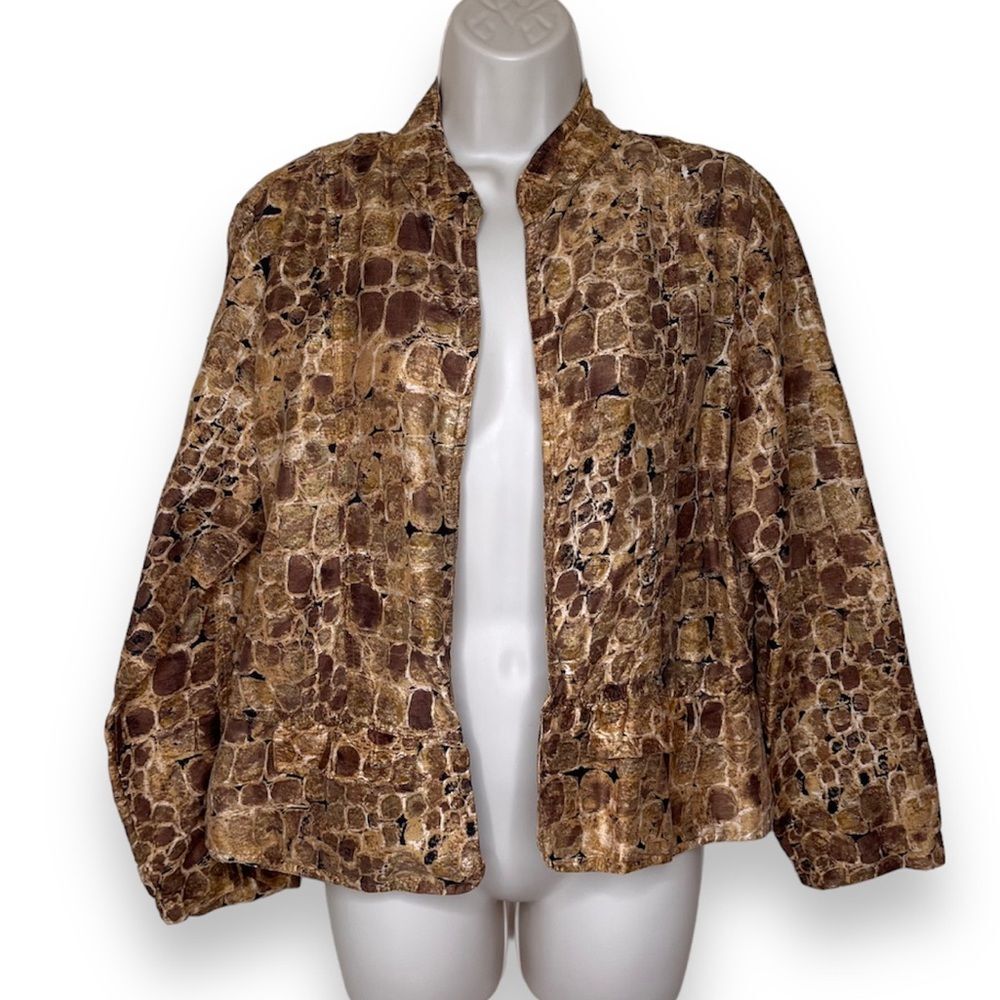 Chicos Silk Open Front Animal Print Jacket Long Sleeve Peplum Women Large Browns